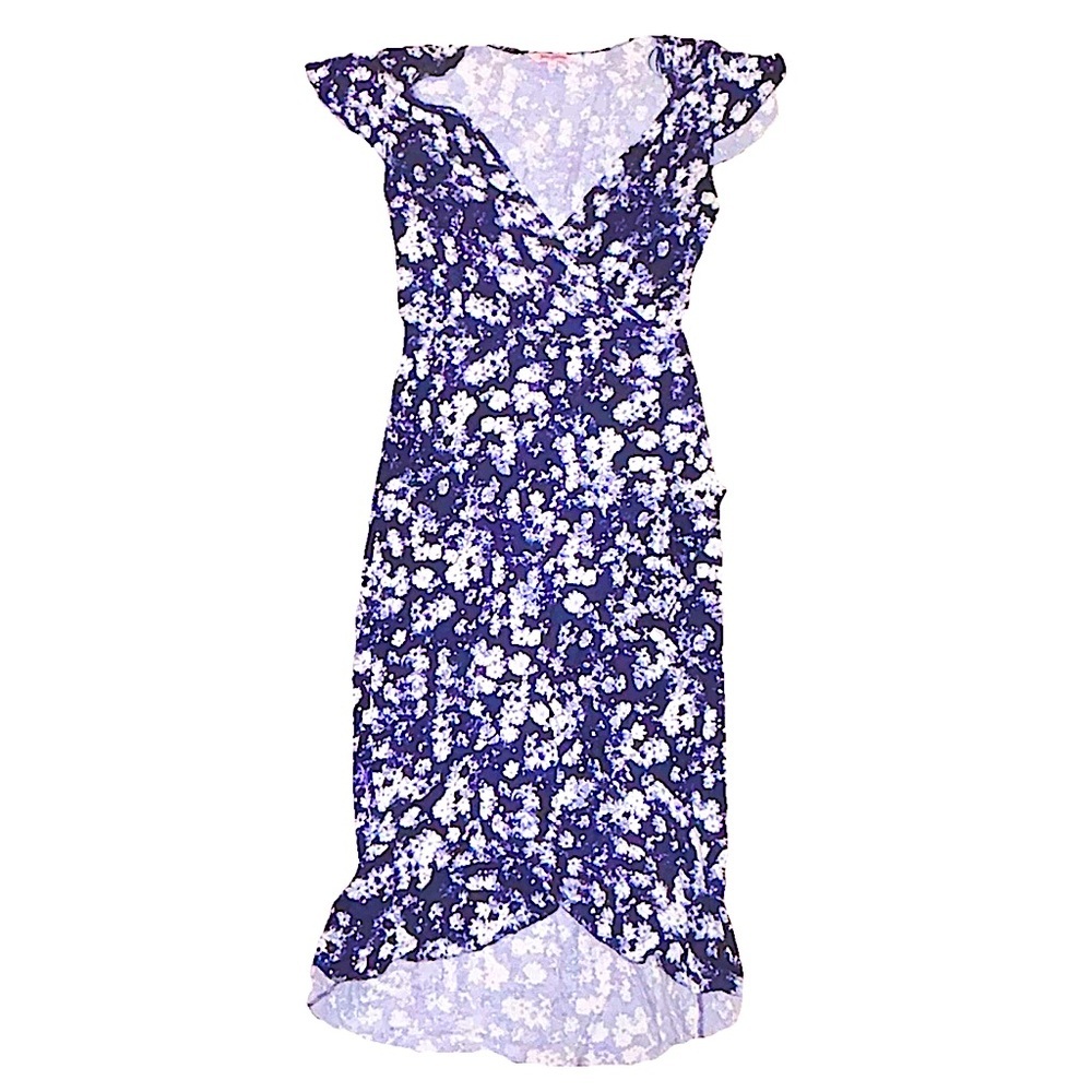 Juicy Couture Dreamy Floral Blue Faux Wrap Flutter Sleeve Knit Dress Size Medium
